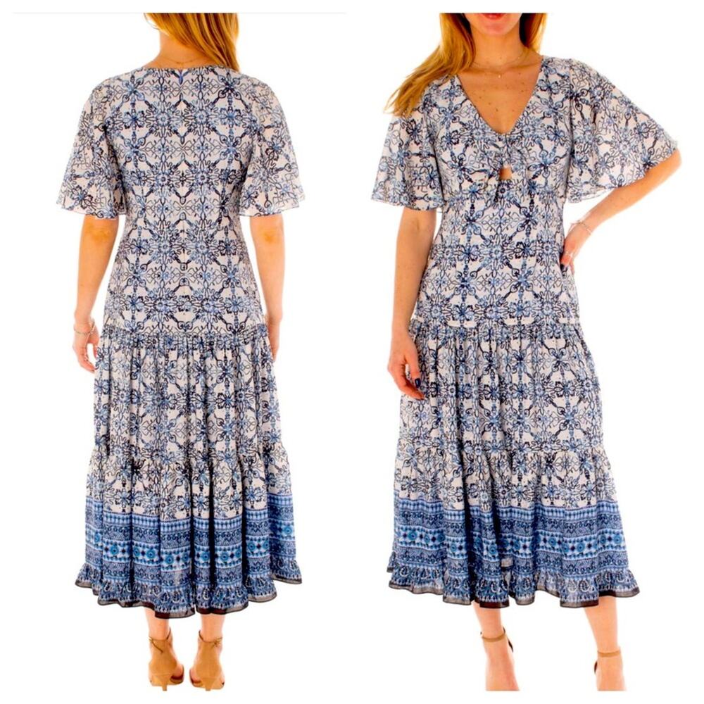 NEW Taylor Blue Floral Cut Out Midi Dress Short Flutter Sleeve Size 6 MSRP $138